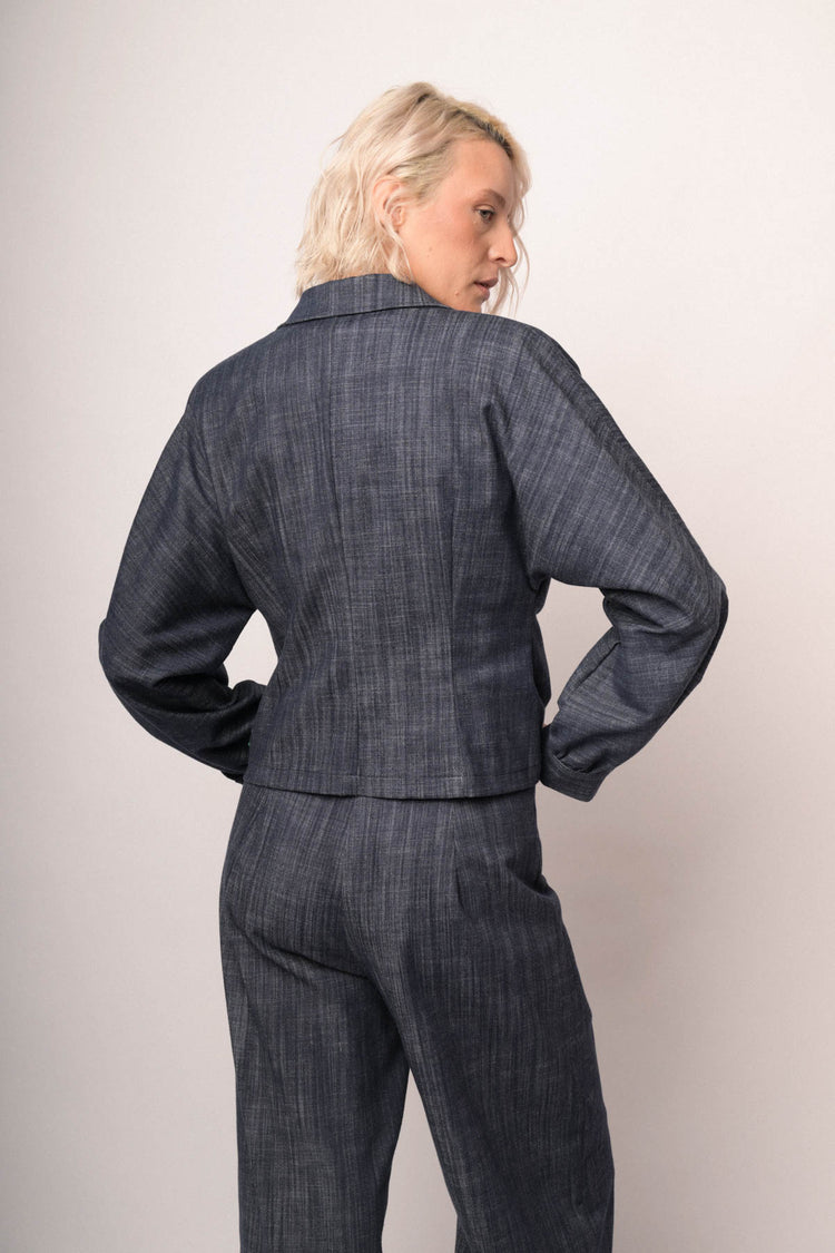 Blue denim-effect blouson sleeved blazer
