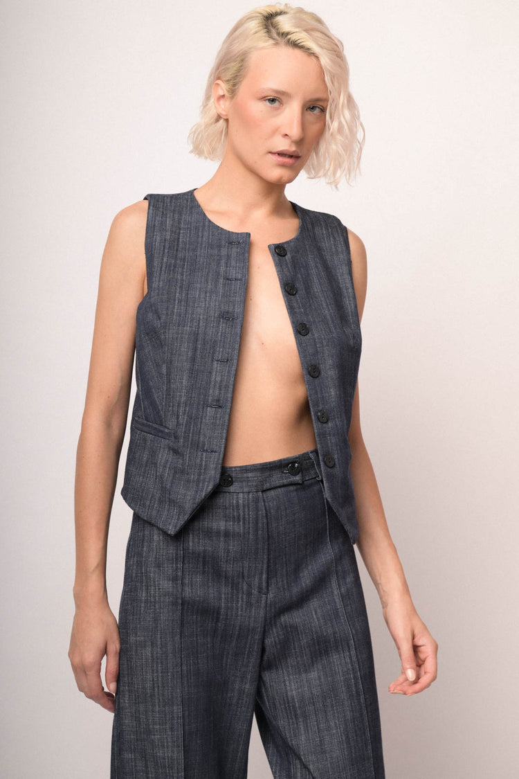 Blue denim effect crewneck vest