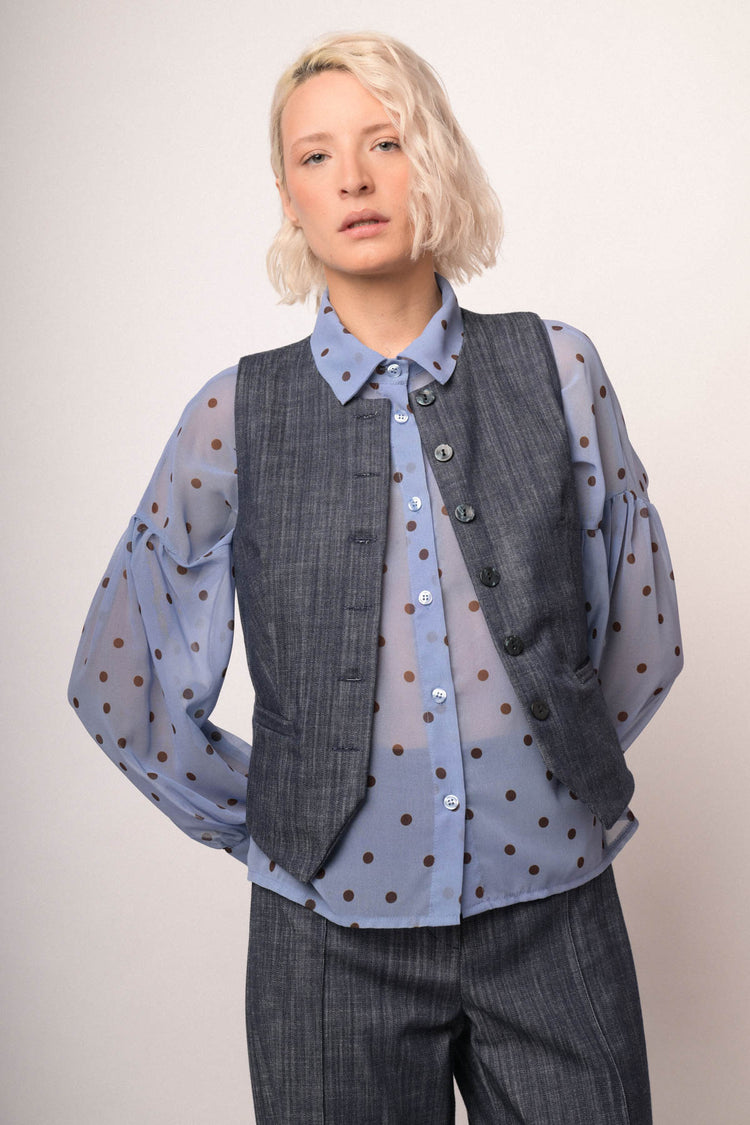 Blue denim effect crewneck vest