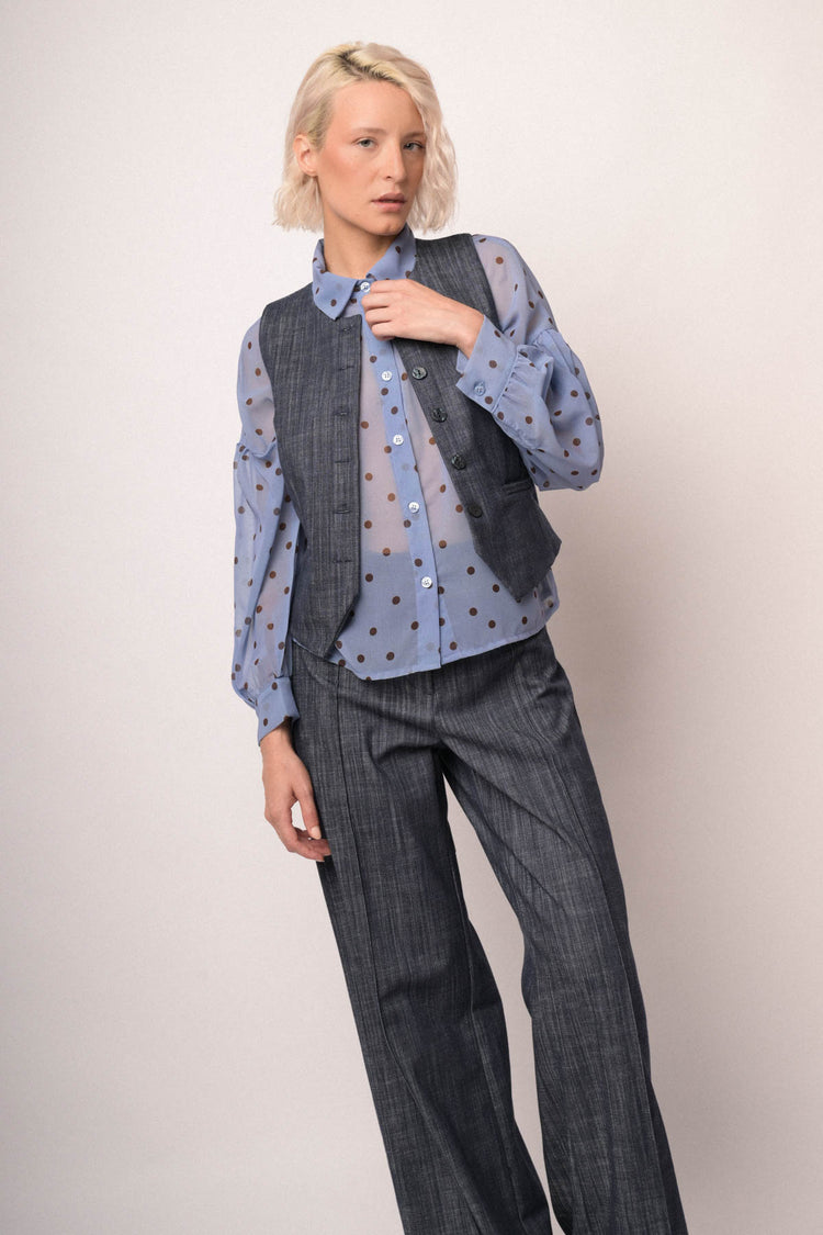 Blue denim effect crewneck vest