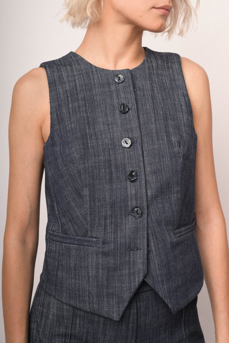 Blue denim effect crewneck vest