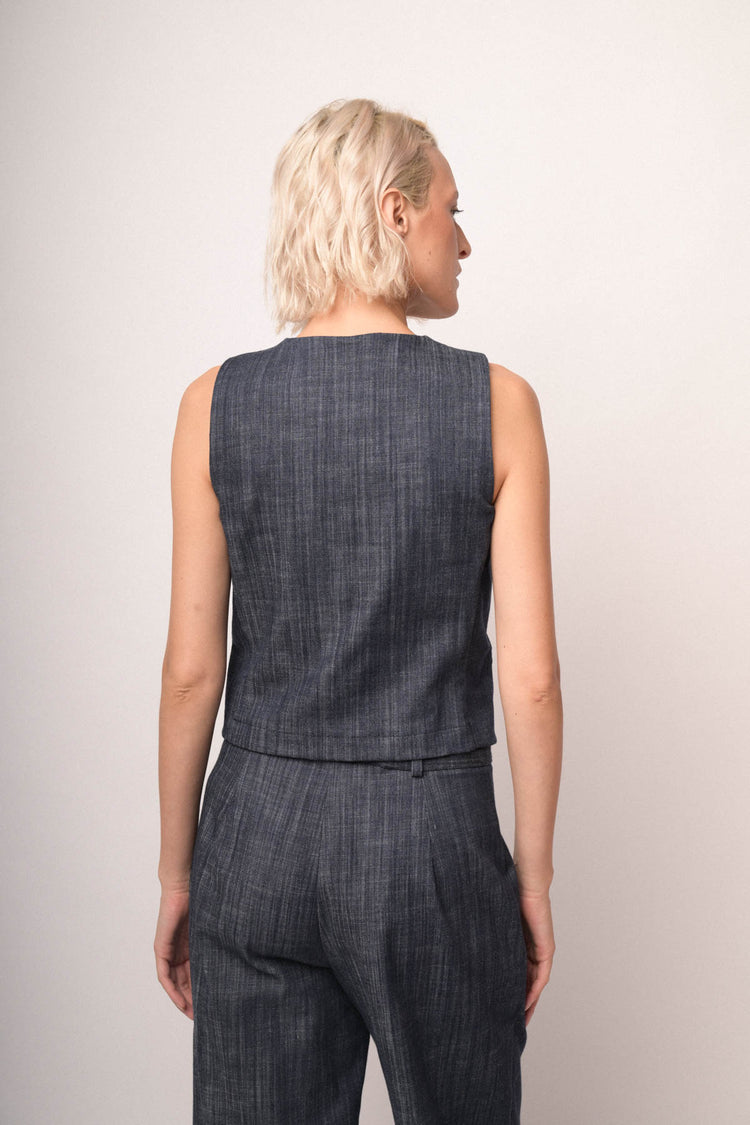 Blue denim effect crewneck vest