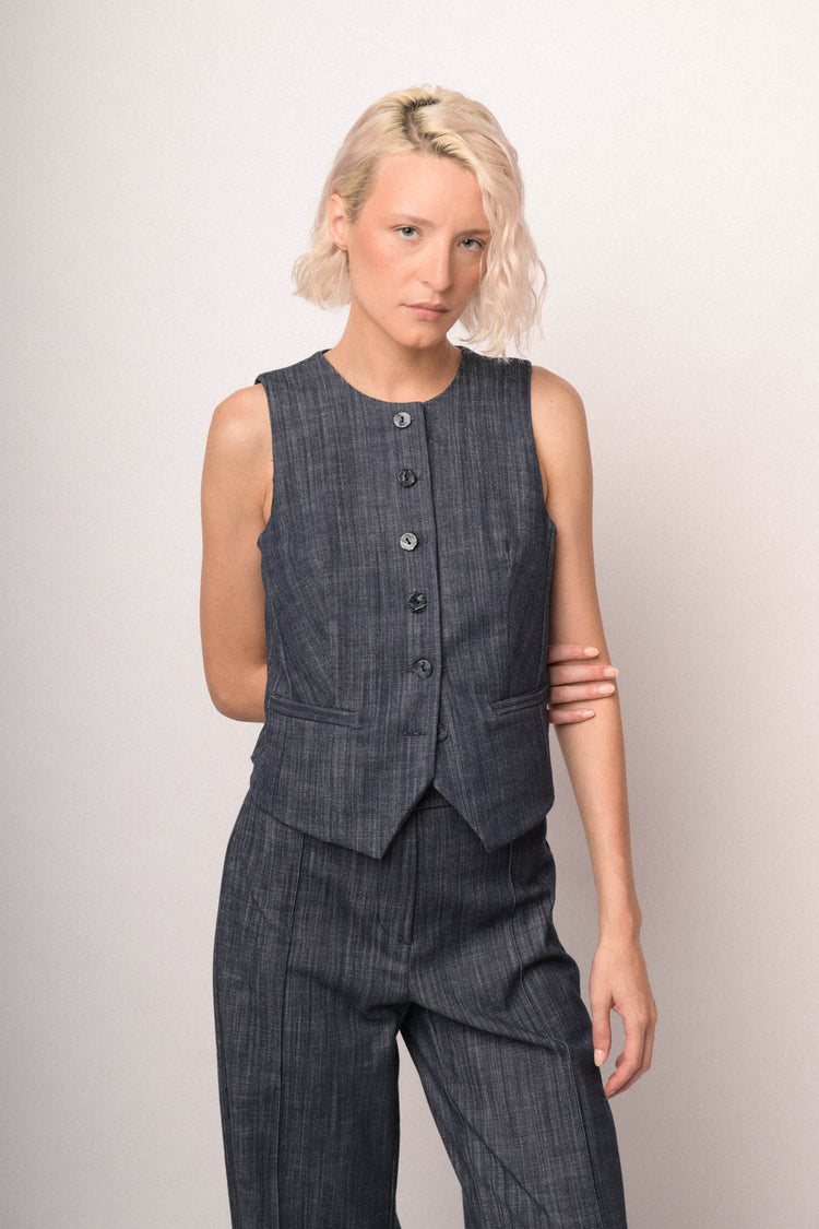Blue denim effect crewneck vest