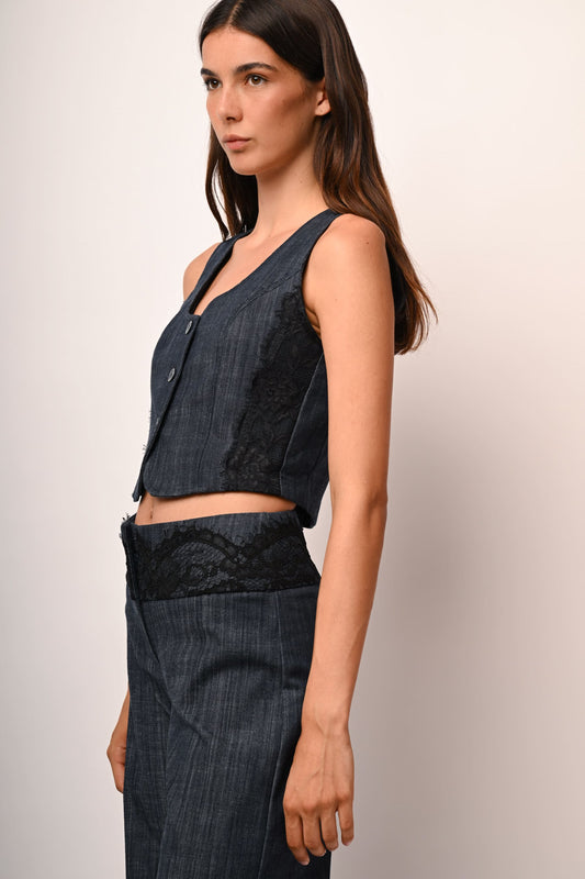 Lace-detail denim-effect vest