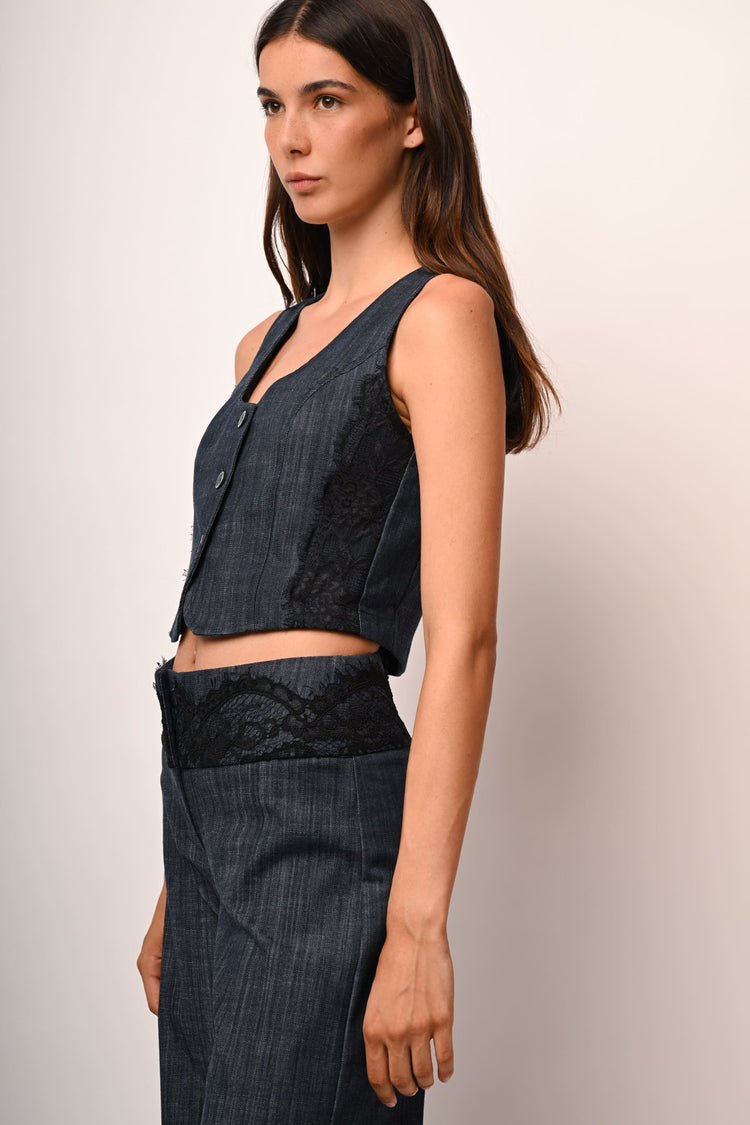 Lace-detail denim-effect vest