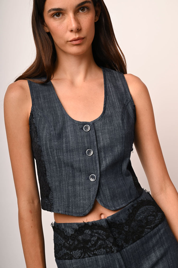Lace-detail denim-effect vest