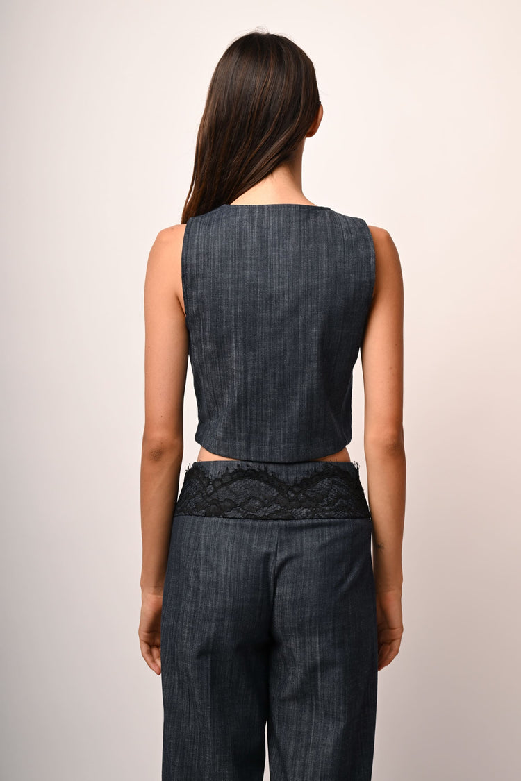 Lace-detail denim-effect vest