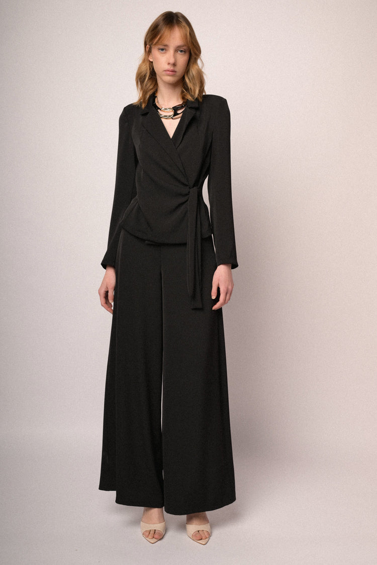 Black fluid crepe wide-leg trousers
