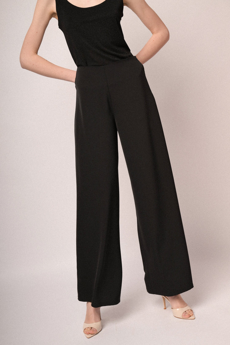 Black fluid crepe wide-leg trousers