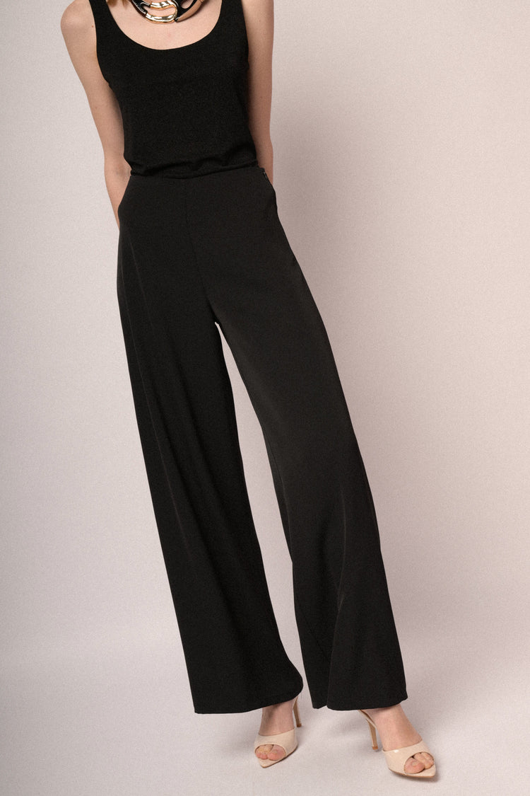 Black fluid crepe wide-leg trousers