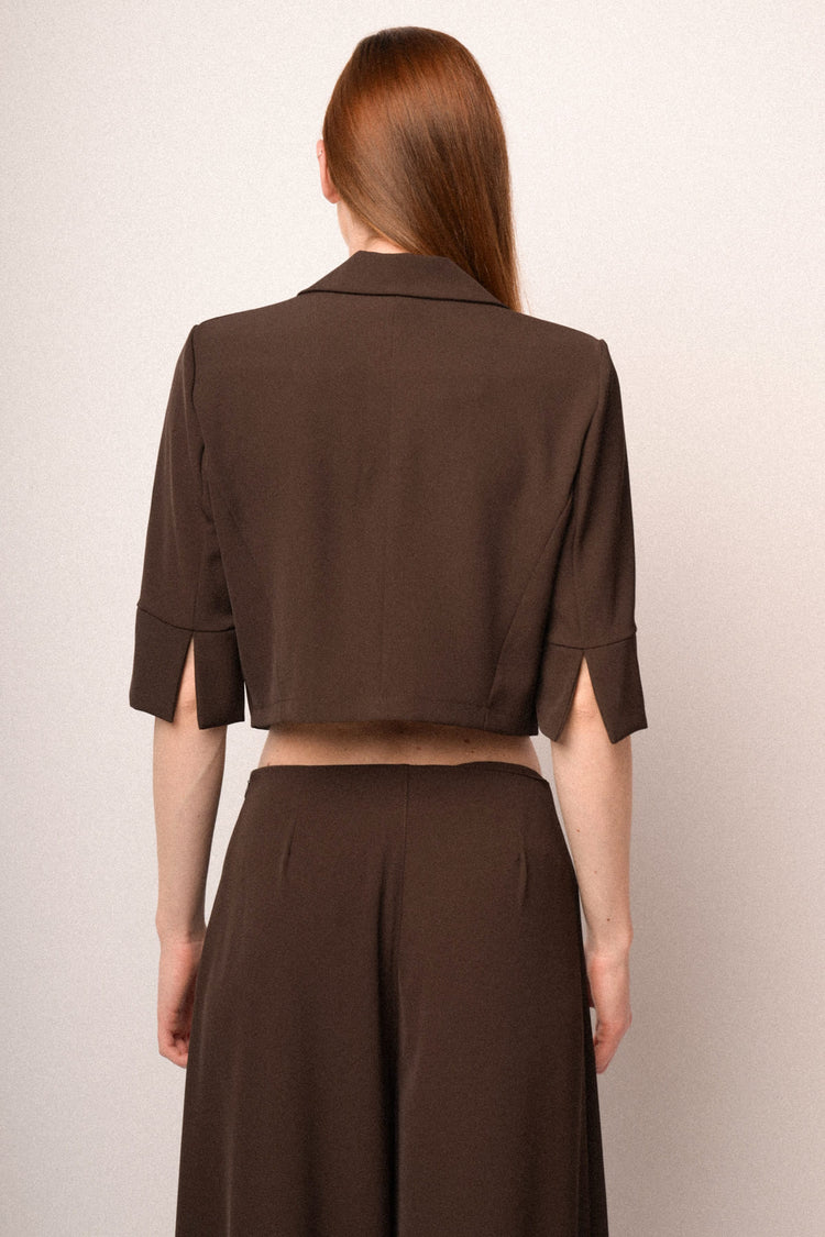 Chocolate self-tie strap cropped blazer