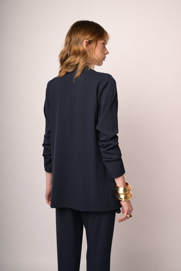 Navy blue jersey gathered sleeved blazer