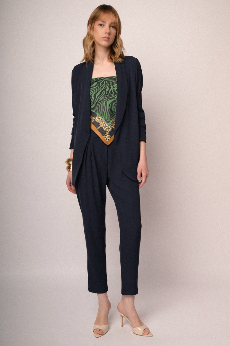 Navy blue jersey gathered sleeved blazer