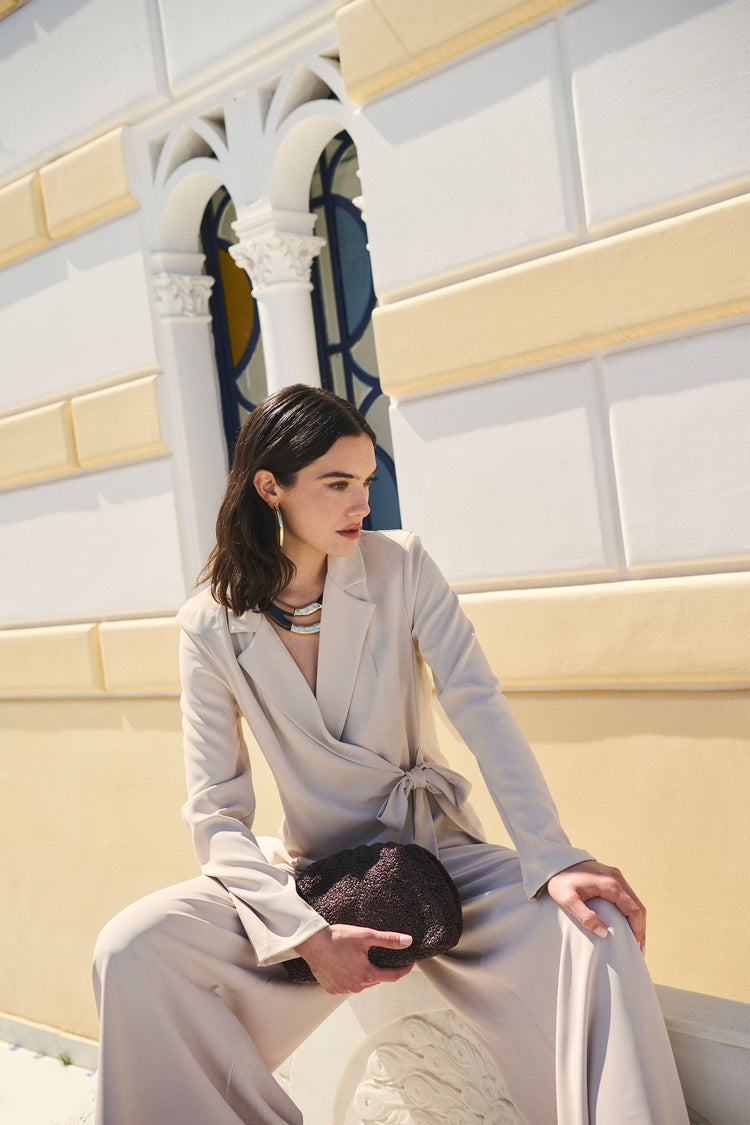 Beige side straps wrap blazer