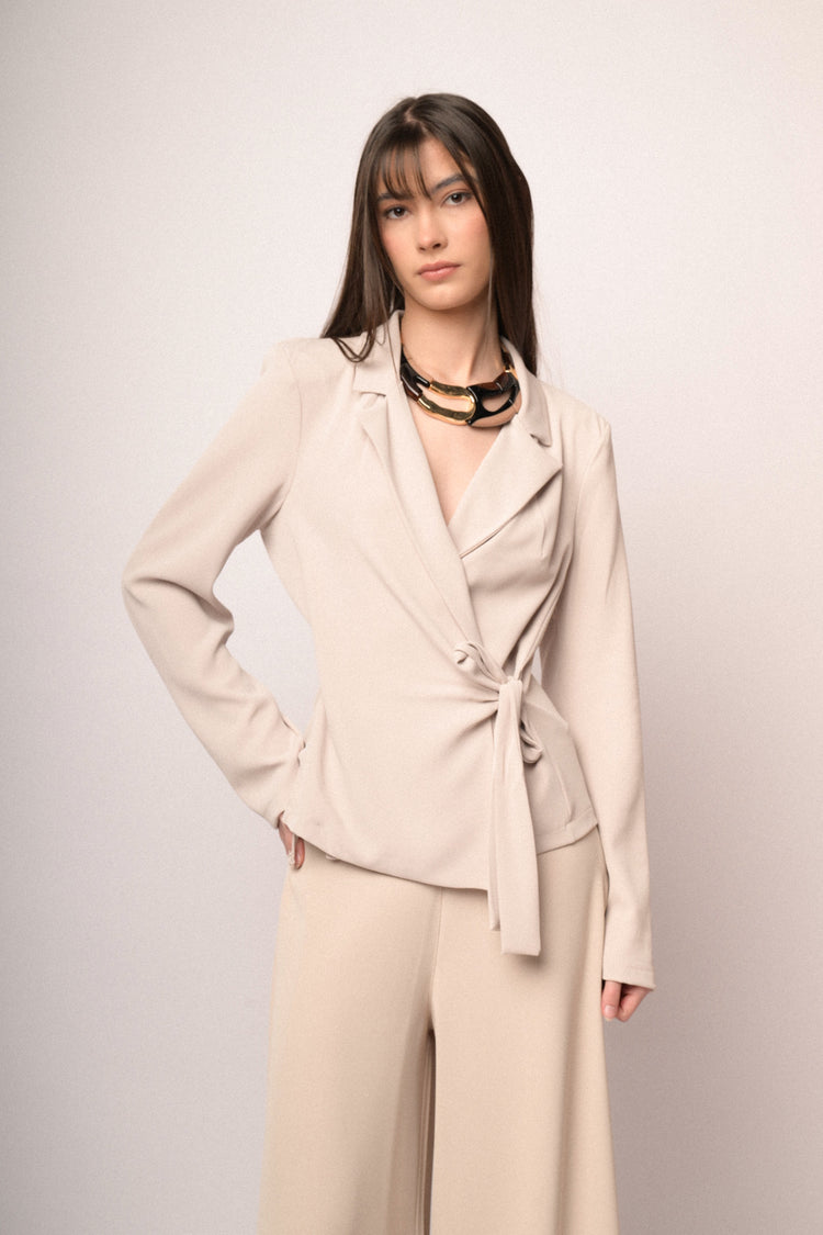 Beige side straps wrap blazer