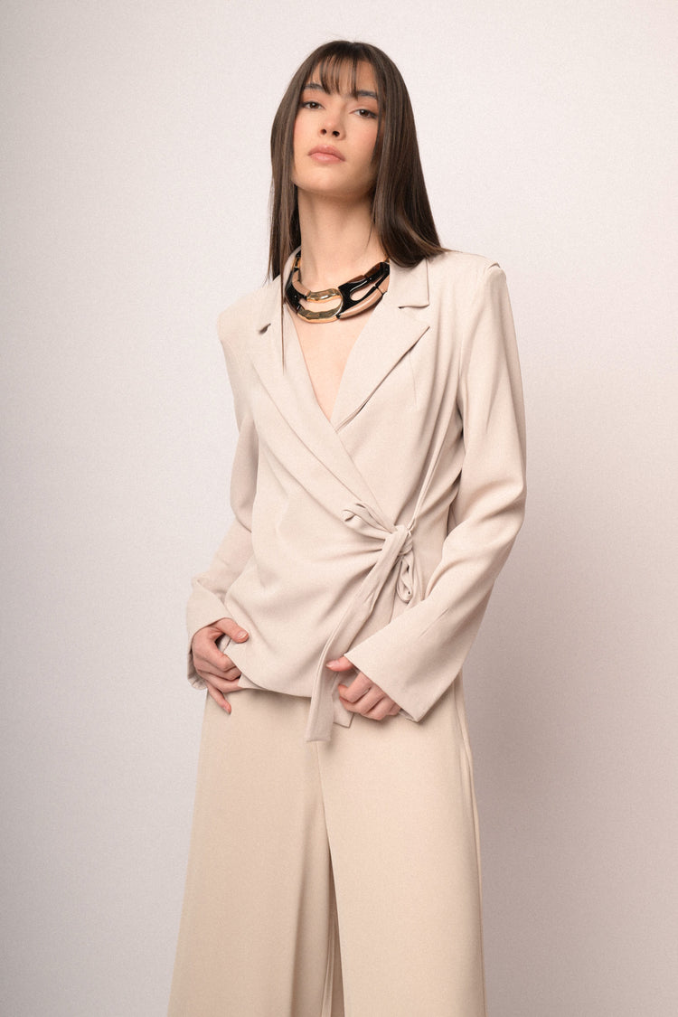 Beige side straps wrap blazer