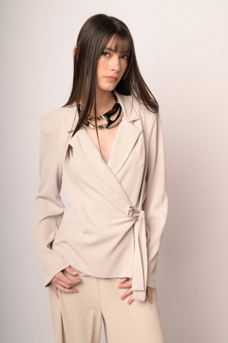 Beige side straps wrap blazer