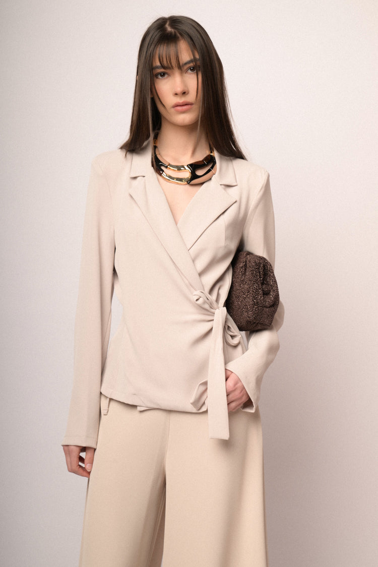 Beige side straps wrap blazer