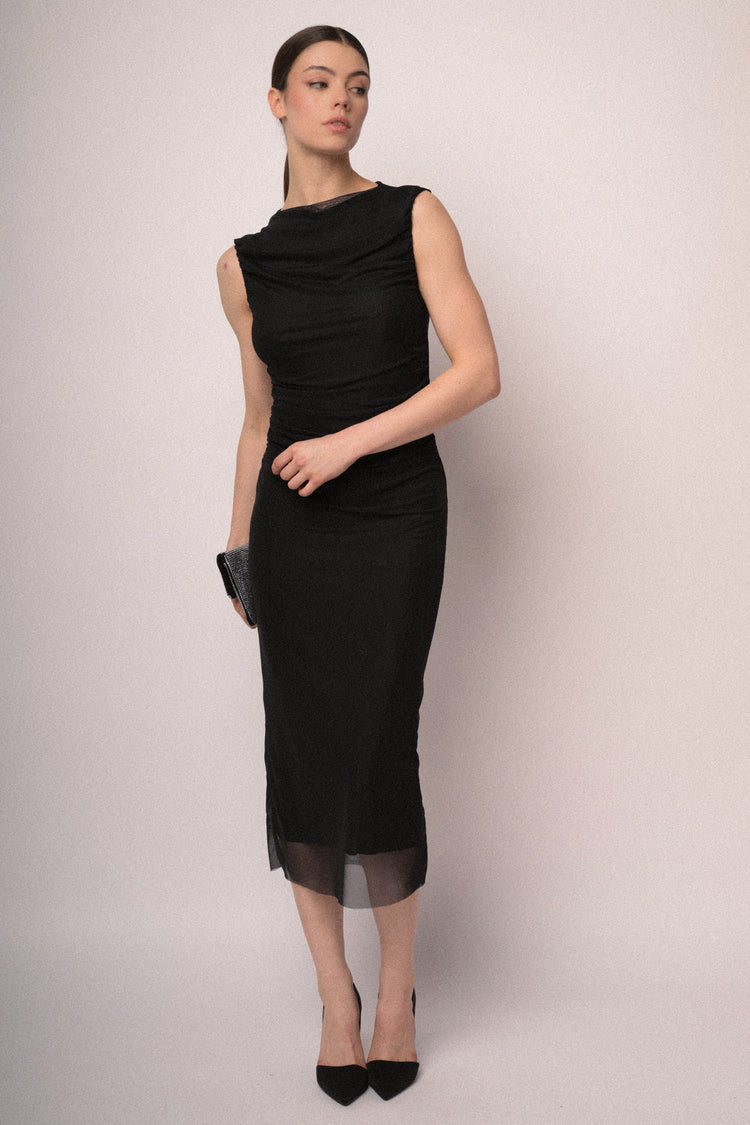 Gathered tulle midi sheath dress