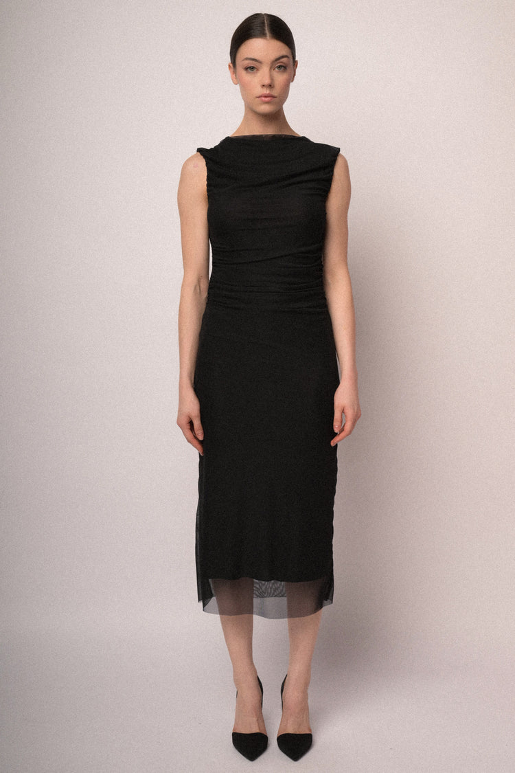 Gathered tulle midi sheath dress
