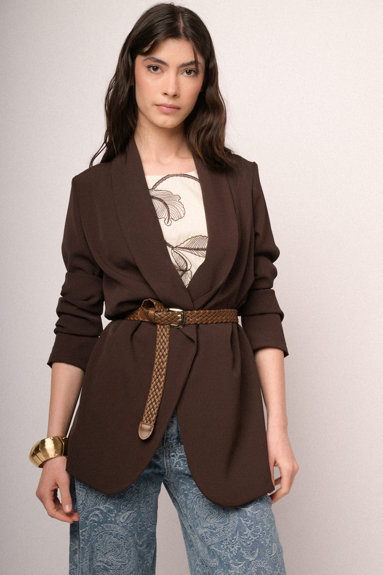 Dark brown gathered cropped sleeves blazer
