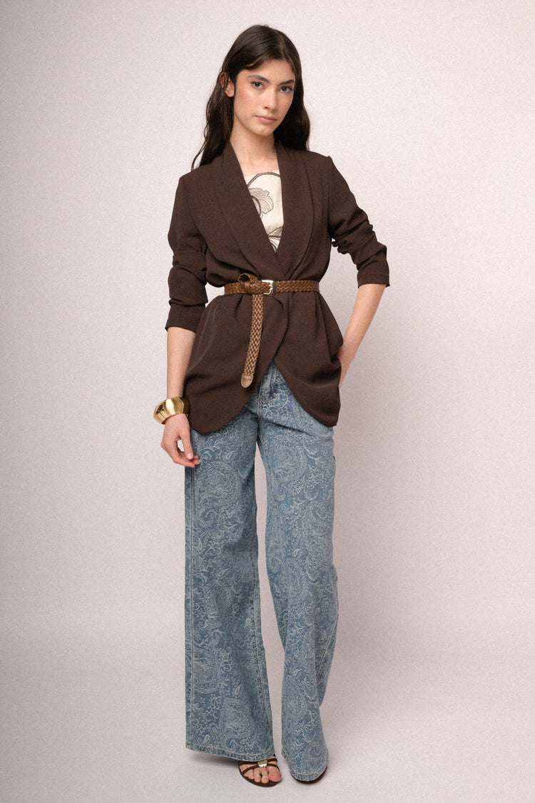 Dark brown gathered cropped sleeves blazer