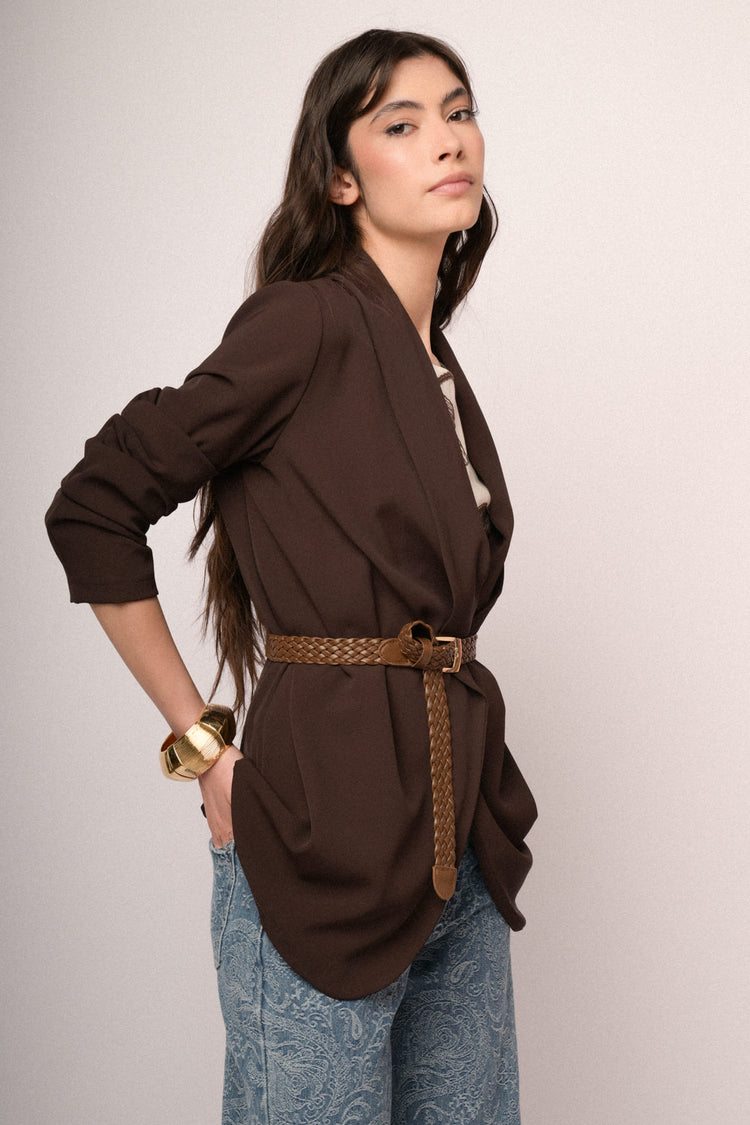 Dark brown gathered cropped sleeves blazer