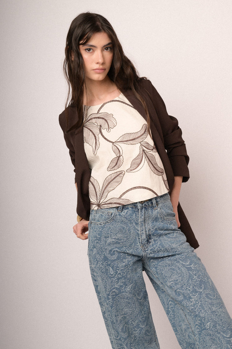 Dark brown gathered cropped sleeves blazer