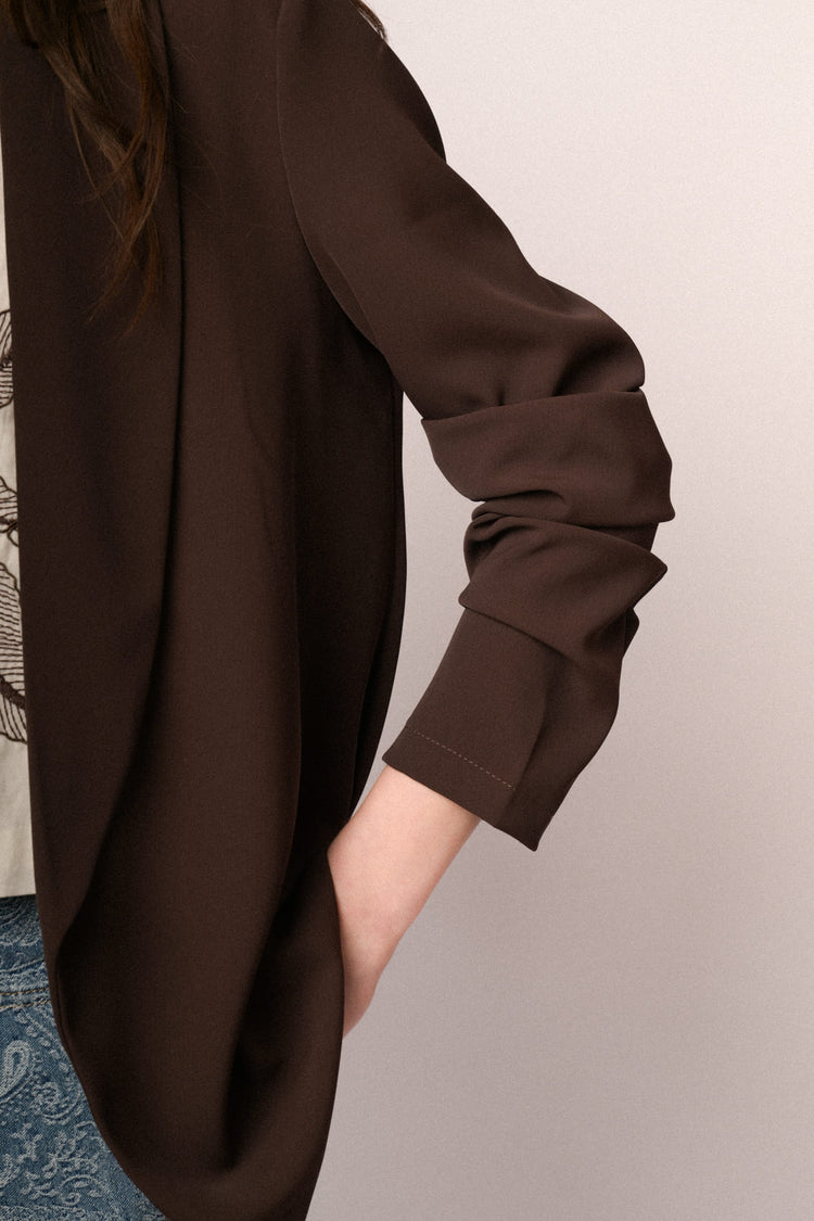 Dark brown gathered cropped sleeves blazer
