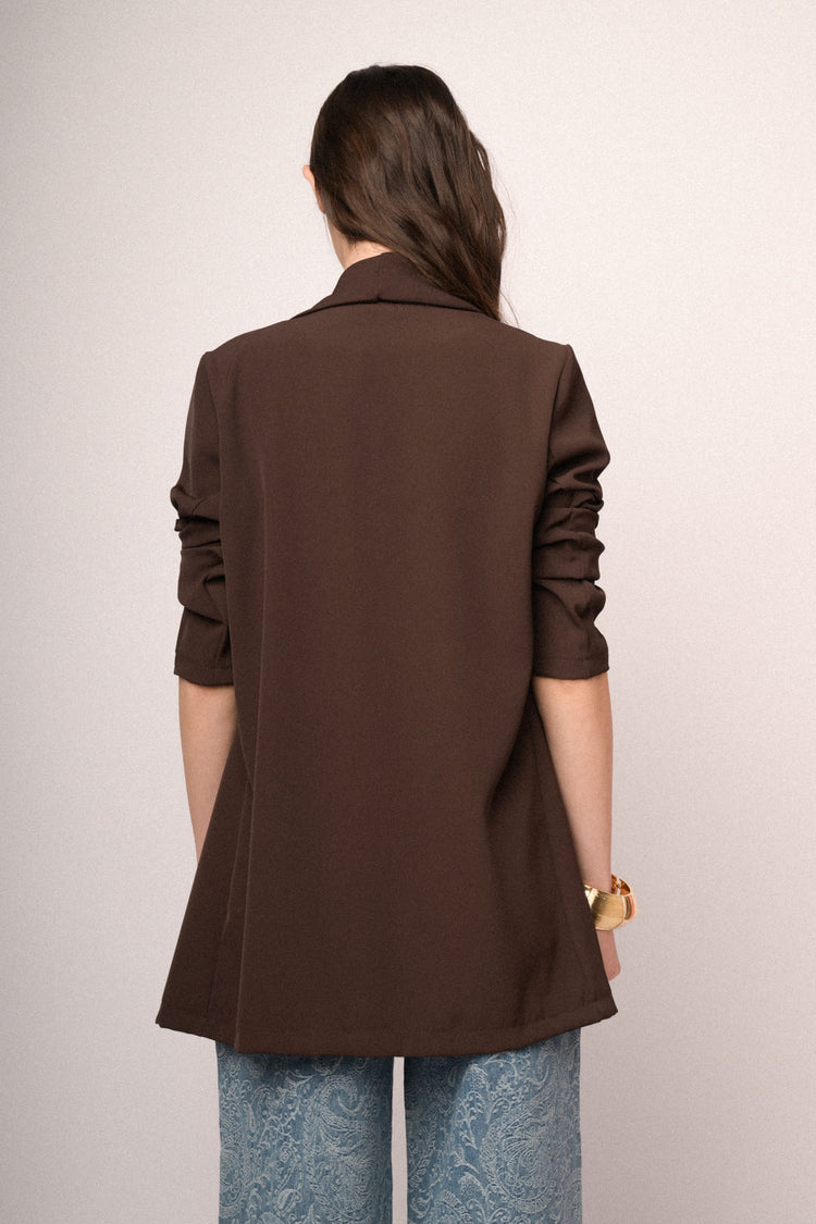 Dark brown gathered cropped sleeves blazer