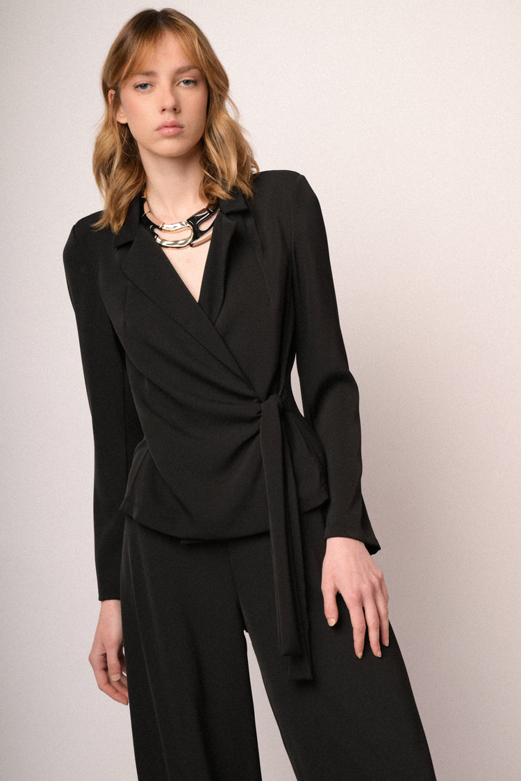 Black fluid crepe side strap jacket