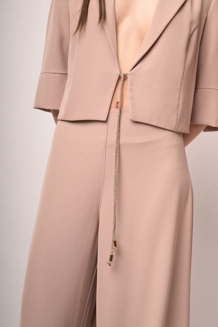 Pink rhinestone self-tie straps cropped blazer