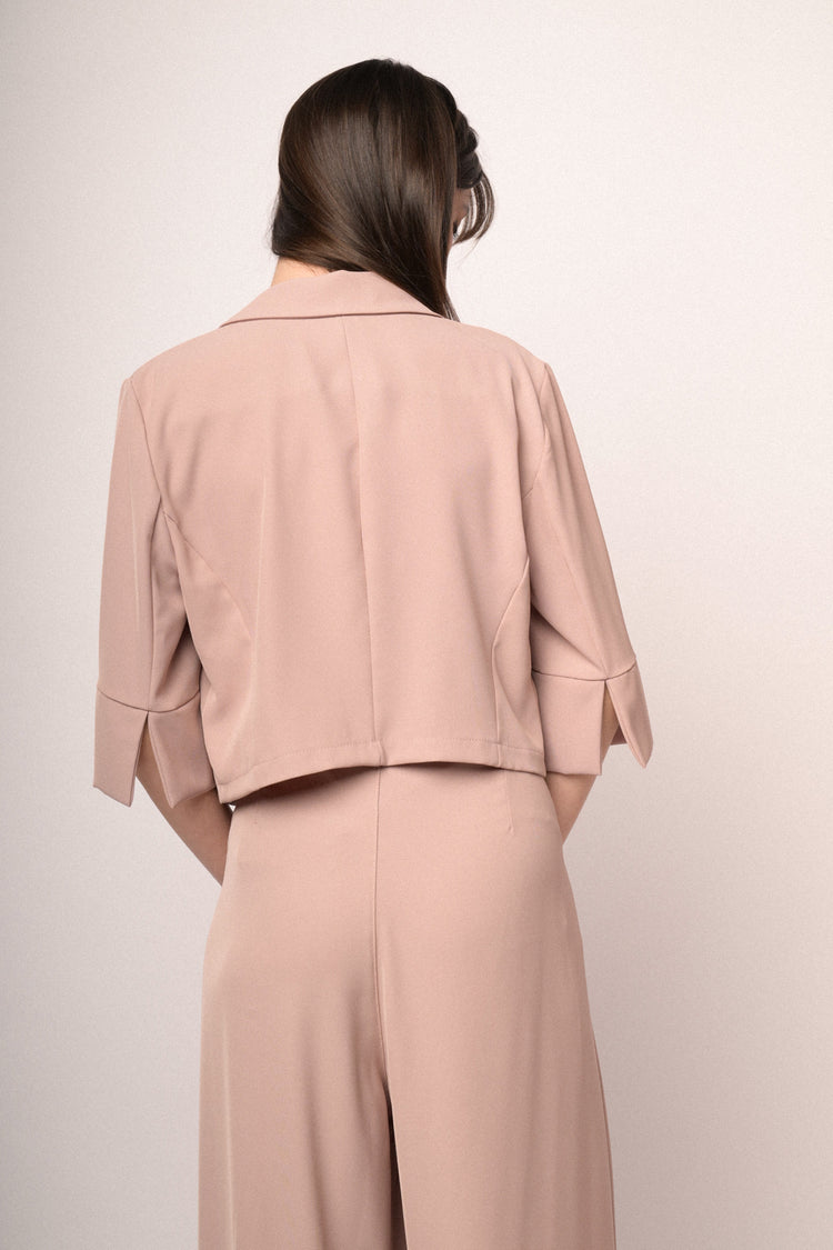 Pink rhinestone self-tie straps cropped blazer