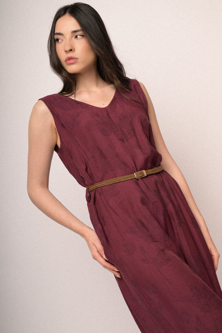 Burgundy foliage jacquard belted jumpsuit
