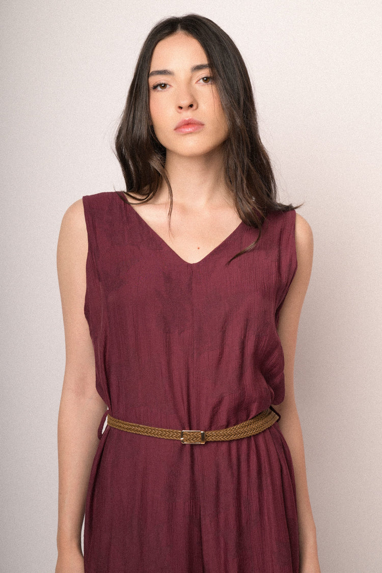 Burgundy foliage jacquard belted jumpsuit