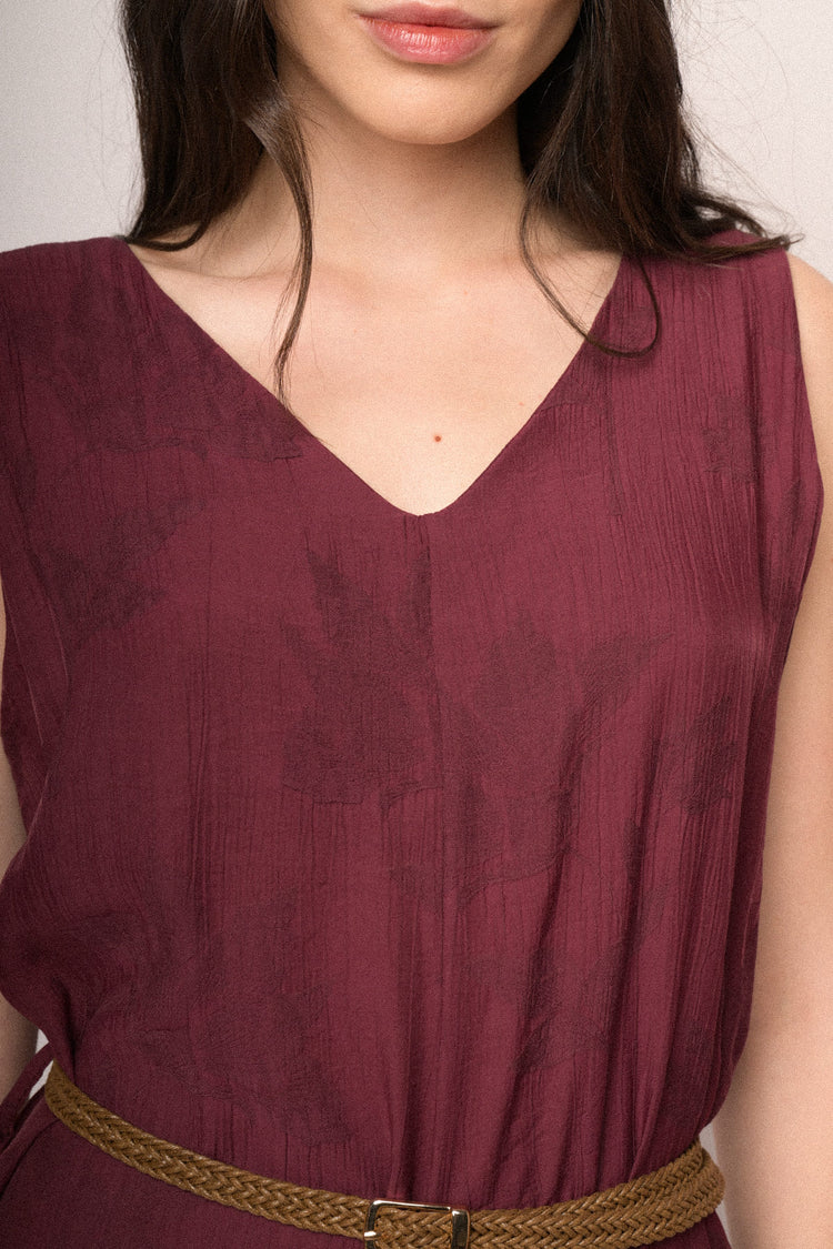 Burgundy foliage jacquard belted jumpsuit