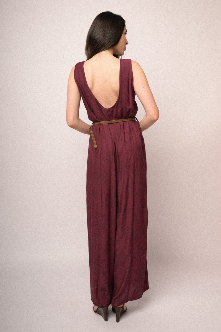 Burgundy foliage jacquard belted jumpsuit