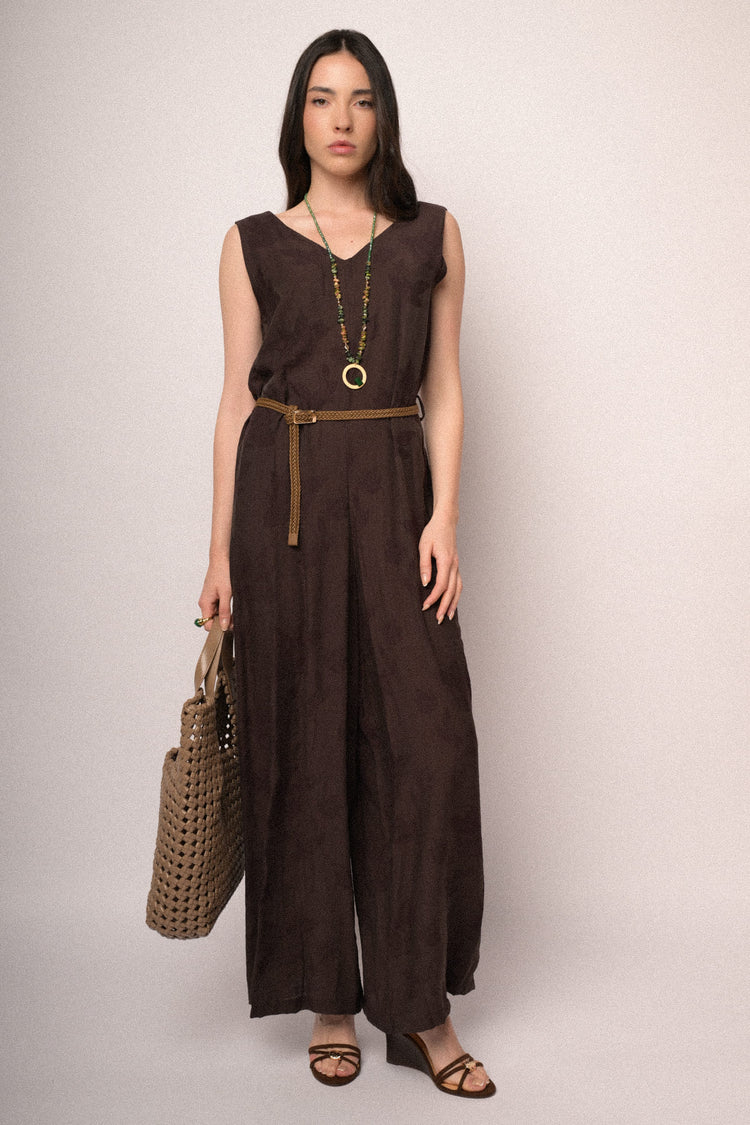 Chocolate foliage jacquard belted jumpsuit