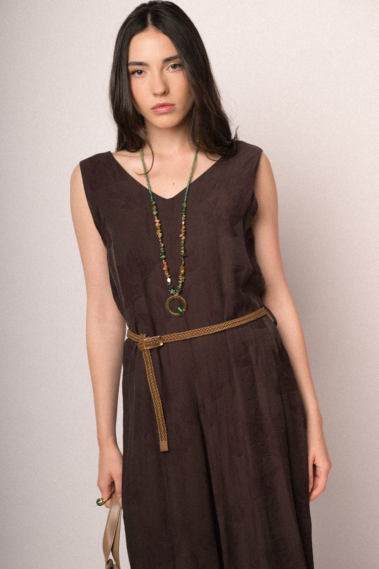 Chocolate foliage jacquard belted jumpsuit