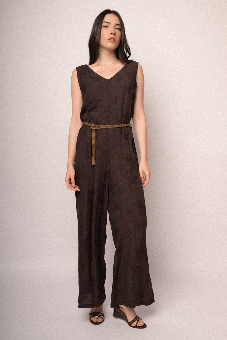 Chocolate foliage jacquard belted jumpsuit