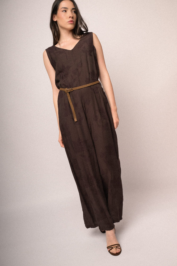 Chocolate foliage jacquard belted jumpsuit