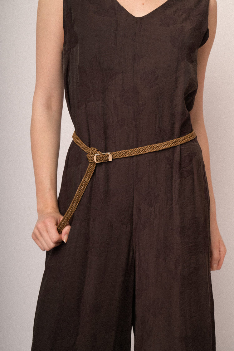 Chocolate foliage jacquard belted jumpsuit