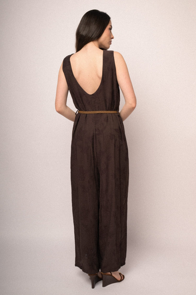 Chocolate foliage jacquard belted jumpsuit
