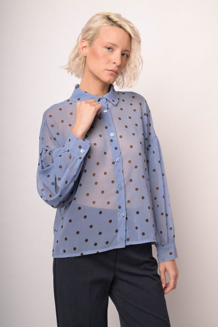 Polka dot print denim blue shirt