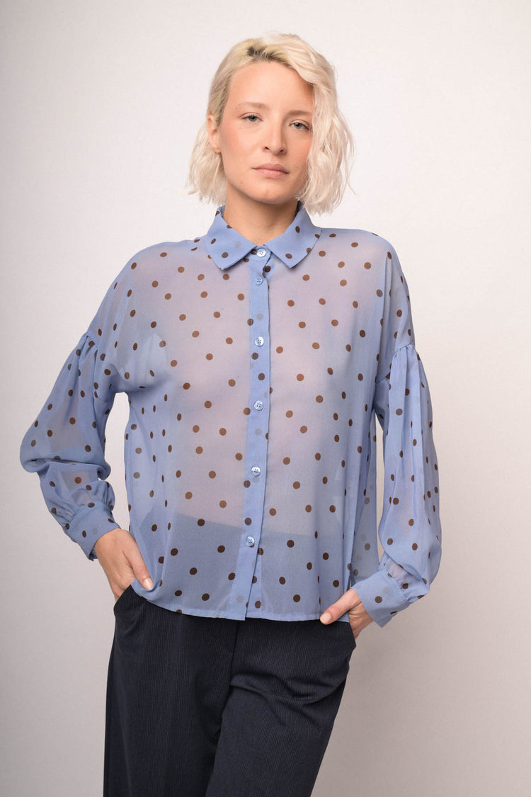 Polka dot print denim blue shirt