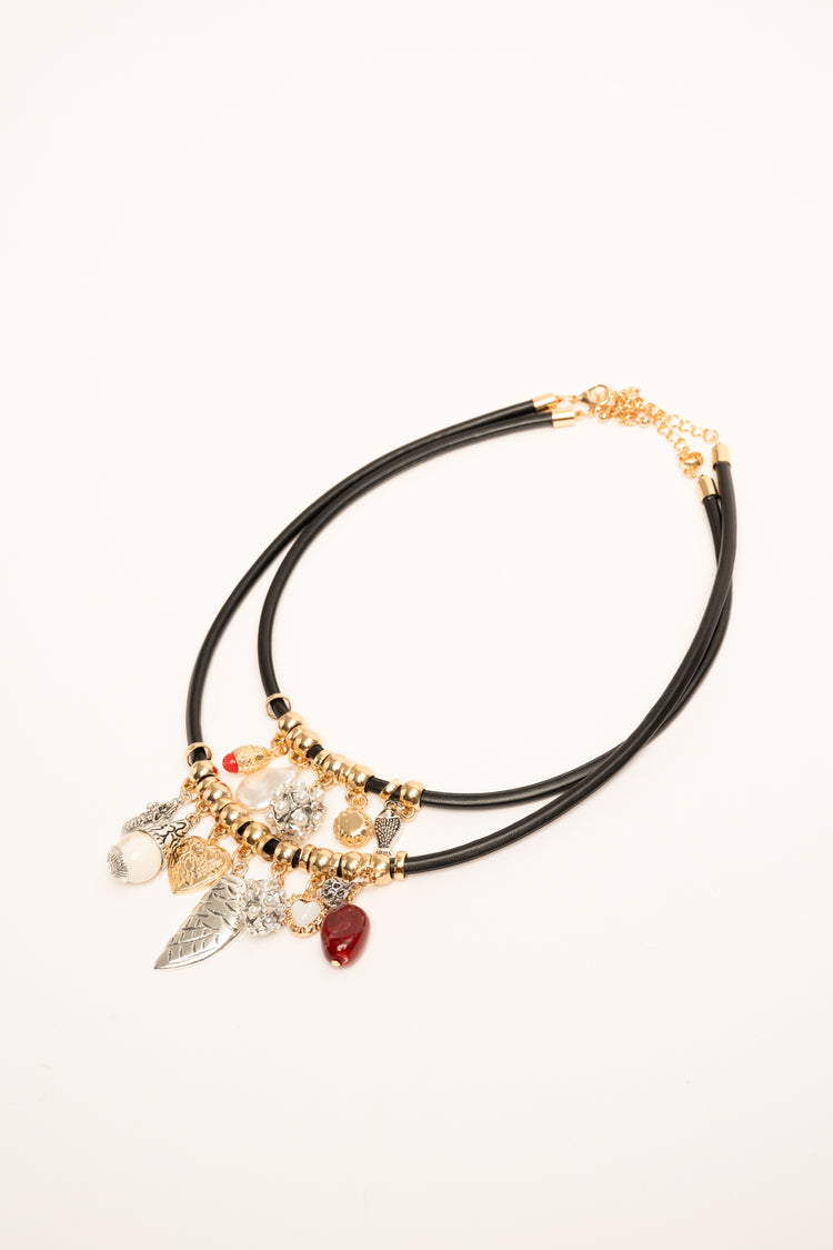 Multicolor pendants black double strand necklace