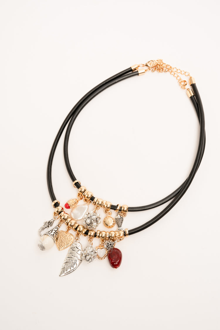 Multicolor pendants black double strand necklace