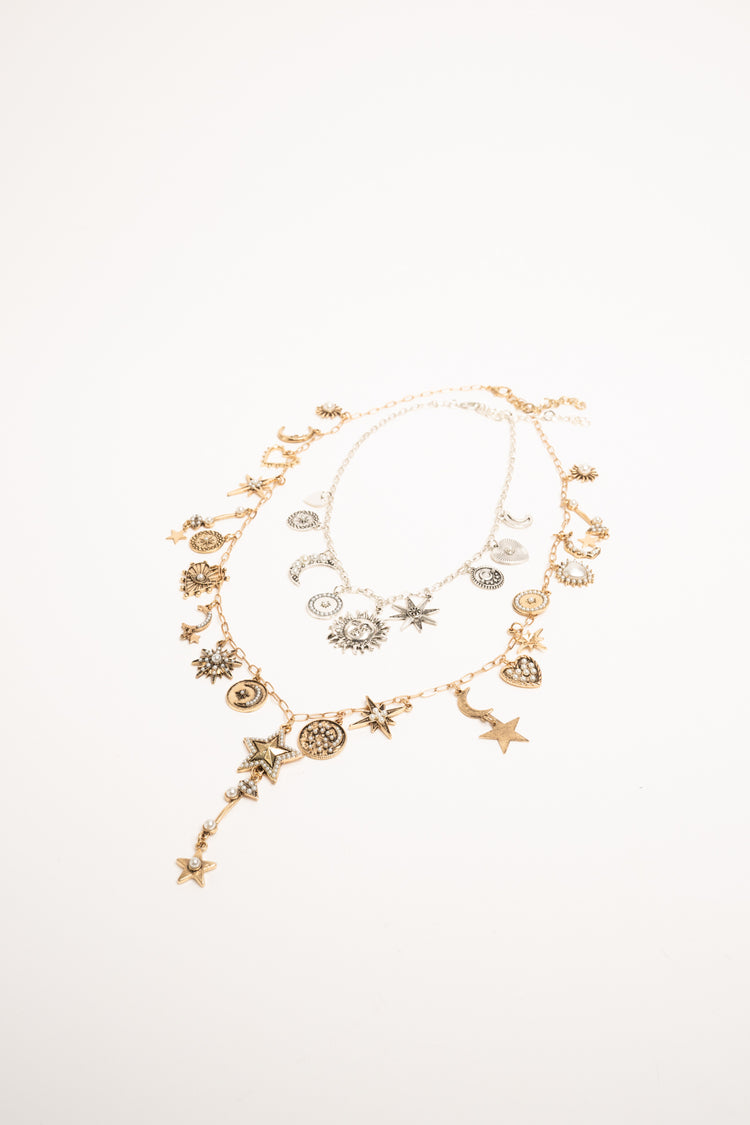 Set of two Sun & Moon golden and silver necklaces