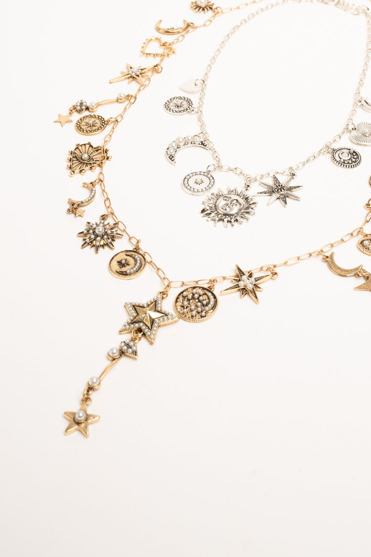 Set of two Sun & Moon golden and silver necklaces