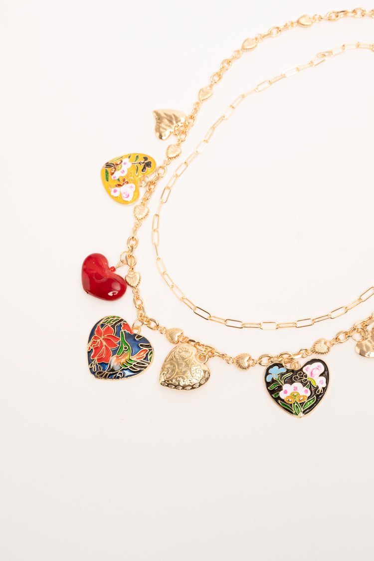 Multicolor heart pendant double necklace